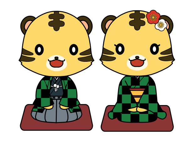 人物插图，老虎穿着格子和服坐直图片下载