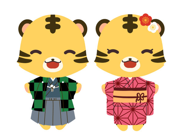 插图的一个男孩老虎穿着一个格子的haori和一个女孩老虎穿着一个麻叶图案和服图片下载