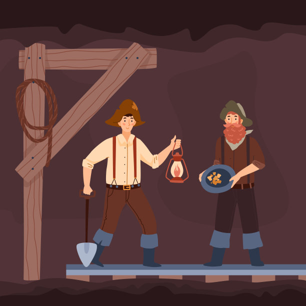 美国淘金热时期的老式矿井挖掘机，平面矢量插图。图片下载