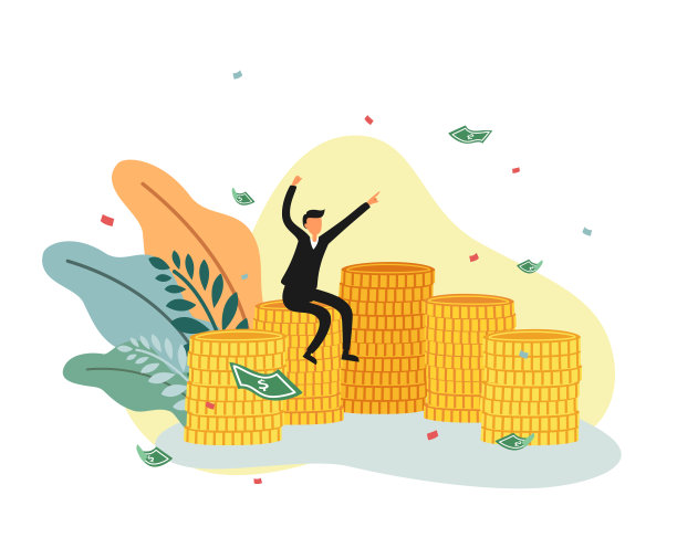 一位投资者坐在一堆硬币上，享受着与他成功增长利润的卡通人物隔绝在白色背景上的平面矢量插图。做生意获利。图片下载