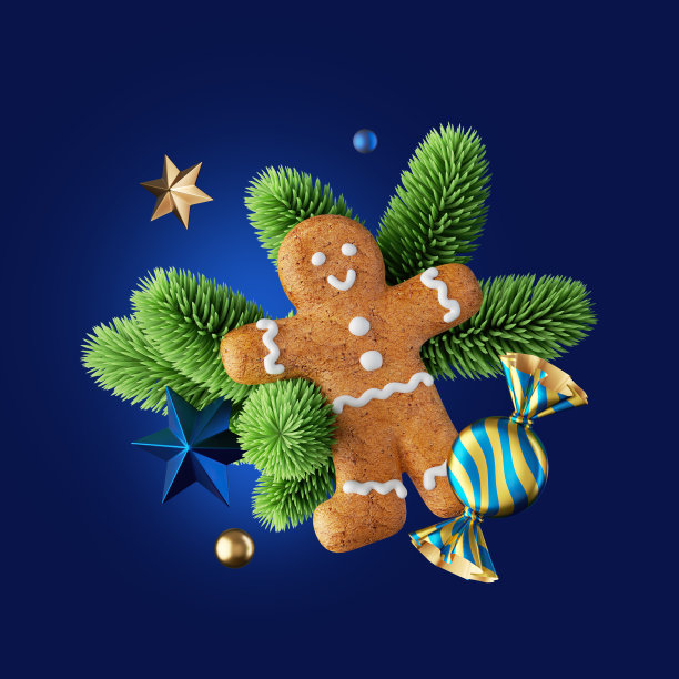 3d渲染，圣诞蓝色背景姜饼人饼干装饰装饰品，绿色云杉和糖果。节日的剪贴画图片下载