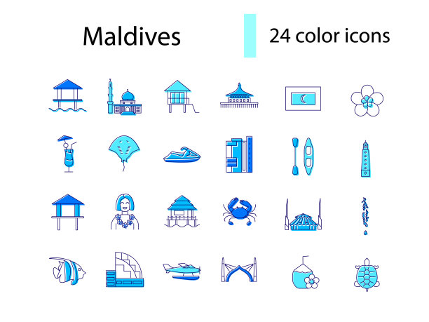 马尔代夫岛屿轮廓图标设置。著名的景观。热带度假胜地。首都马累。孤立的矢量图图片下载