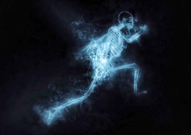 一个人的骨骼模型的插图与爆炸的能量运行图片下载