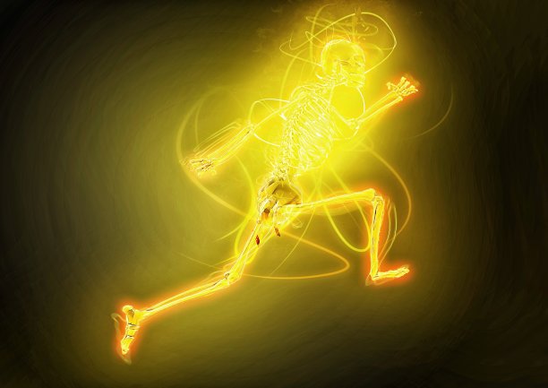 一个人的骨骼模型的插图与爆炸的能量运行图片下载