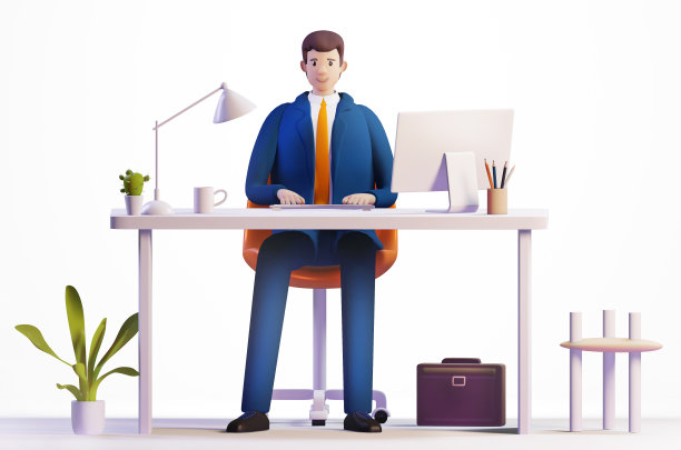 3 d渲染插图。快乐的成功商人在他的办公桌旁工作。办公室工作环境。忙于电脑工作的商人图片下载