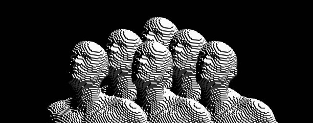 一群设计人员。业务团队。人工智能的概念。三维人体模型。体素的艺术。矢量插图。图片下载