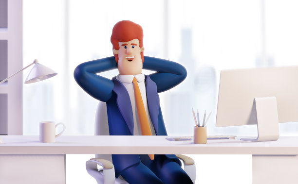 3 d渲染插图。快乐的成功商人在他的办公桌旁工作。办公室工作环境。忙于电脑工作的商人图片下载