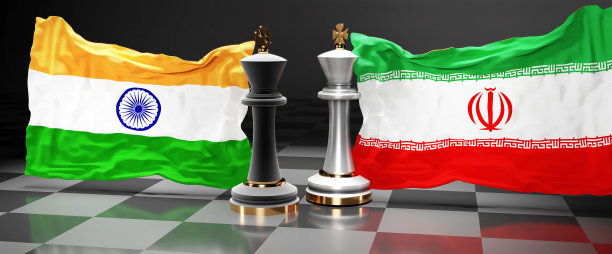 印度伊朗峰会，两国之间的斗争或对峙，旨在解决政治问题，象征着一场带有国旗的象棋游戏，3d插图图片下载