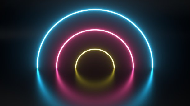 圆形粉红色蓝色和黄色霓虹灯背景- 3D插图图片下载