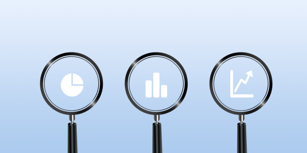 业务分析符号与放大镜图标和业务图表浅蓝色背景，审计税务，金融市场分析，seo，财务报告，3D渲染图片下载