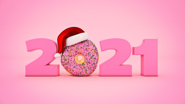 圣诞帽甜甜圈概念2021年新年标志。三维渲染图片下载