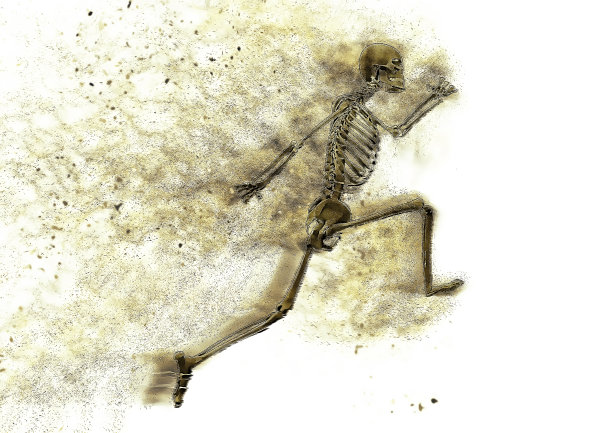 3D插图的影响，烟在人体骨骼在一个跑步姿势图片下载