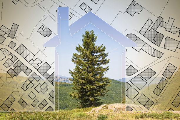 想象的地籍地图，包括建筑、道路和地块，带有住宅剪影和山中的绿色冷杉树-规划和建设一个新的自然家园-概念形象图片下载