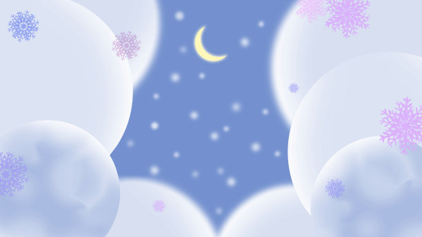雪花和漂浮的球体，月牙在冬天的天空背景插图图片下载