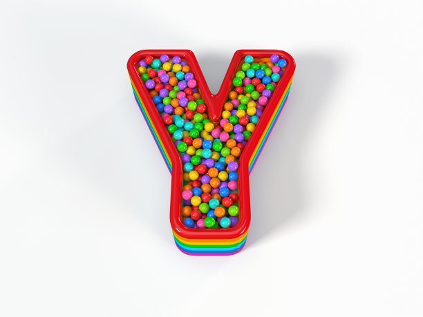 字母Y形的儿童水池充满了塑料玩具球。三维演示图片下载