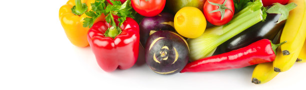 蔬菜和水果被隔离在白色背景上。宽格式。放置你的文本。图片下载