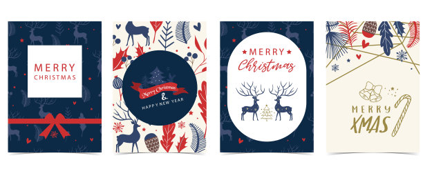 收集冬天的背景设置与树，雨鹿，花，叶子。可编辑的矢量插图圣诞节邀请，明信片和网站横幅图片下载