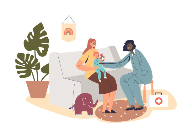 家庭医生，小儿科医生到患儿家中探望。医生检查生病的小孩图片下载