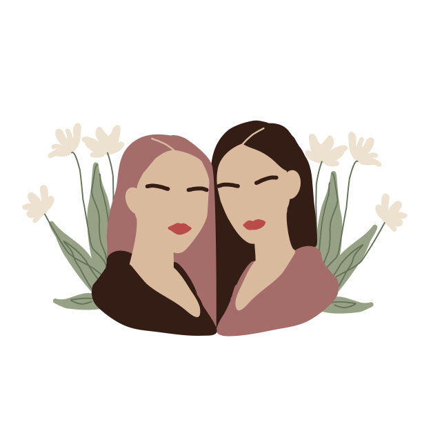 两个女孩在绿叶里。简约风格的抽象女性夫妇。现代时尚女性的脸部肖像。图片下载