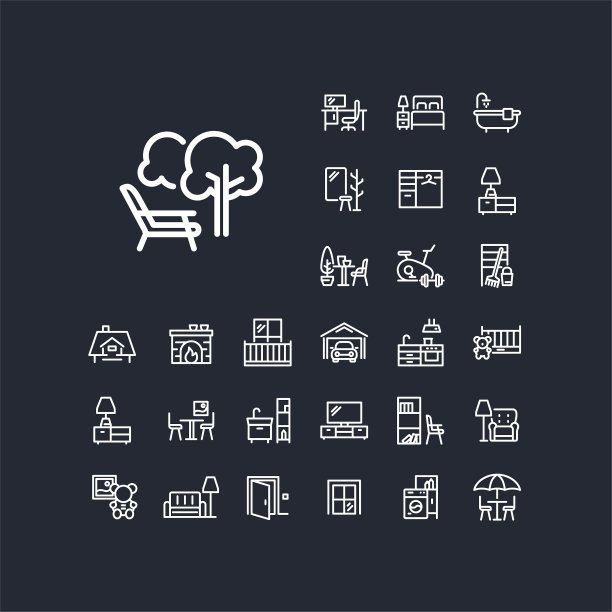 躺椅在花园线图标设置在黑色背景。图片下载