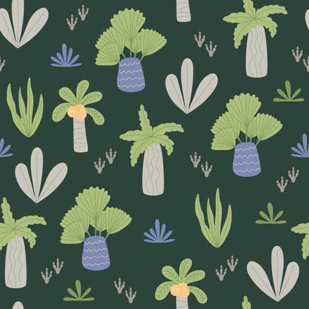 卡通风格的非洲热带丛林。无缝模式与各种棕榈树图片下载