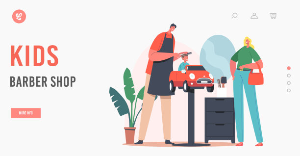 儿童理发店登陆页面模板。美发师给坐在Mirron前面的汽车座椅上的小孩做发型图片下载