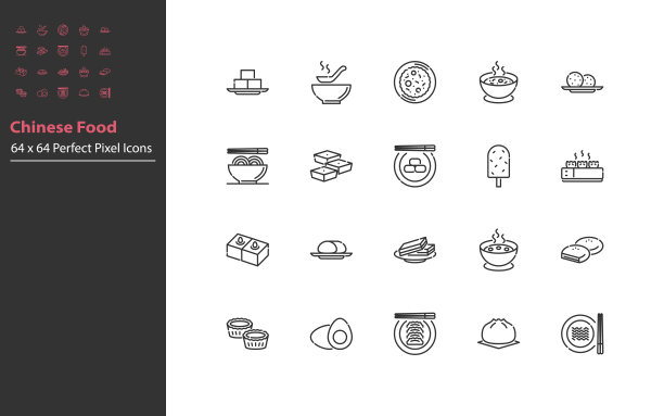 套中国菜细线图标，亚洲菜图片下载