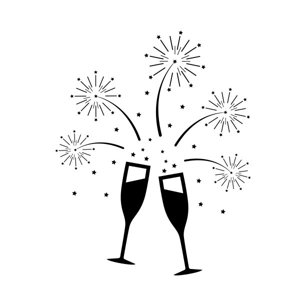 两个水晶香槟酒杯祝酒欢呼烟花星星五彩纸屑图标矢量插图集。周年生日平安夜新年喜事庆祝剪影象形图背景图片下载