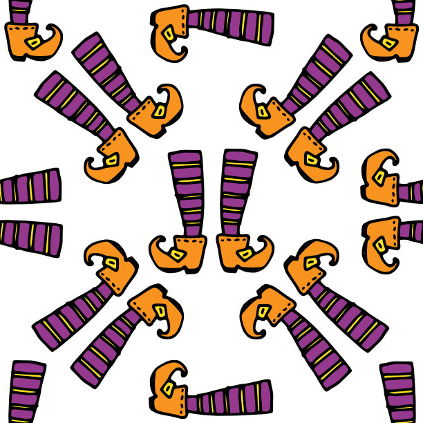 侏儒脚的扁平图案。无缝图案手绘的小精灵腿涂鸦风格的橙色长袜与紫色条纹，橙色鞋与弯曲的鼻子，随机安排万圣节设计图案图片下载