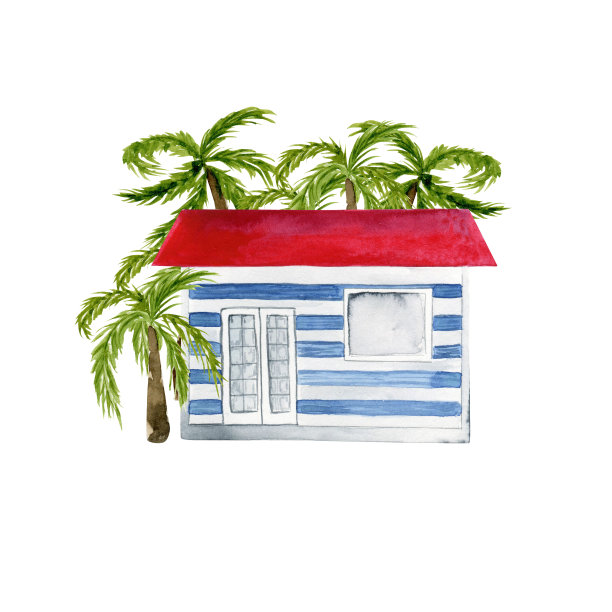 海滨别墅水彩画插图。插图孤立在白色背景上。图片下载