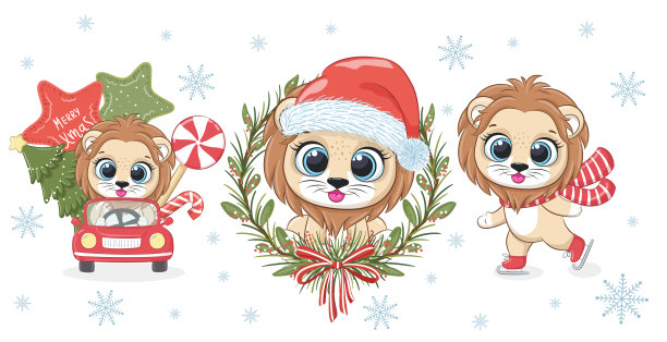 三只可爱的小狮子为新年和圣诞节而收集。矢量插图从一个卡通。图片下载