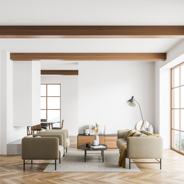 白色客厅，米色家具和横梁天花板图片下载