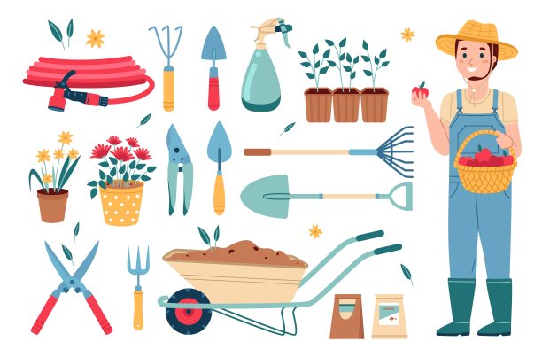 园艺工具和园丁。农场男性人物，园艺工具，种植者男子与篮子苹果，鲜花和秧苗，种子在包装，种植库存向量卡通平孤立集图片下载