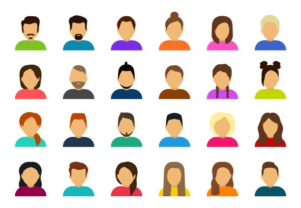 大量的用户头像。男性和女性的面孔。用户图片，在游戏中代表人的脸图标，互联网论坛，帐户。不知名或不知名的人。人们头像头像图标。平的风格。图片下载
