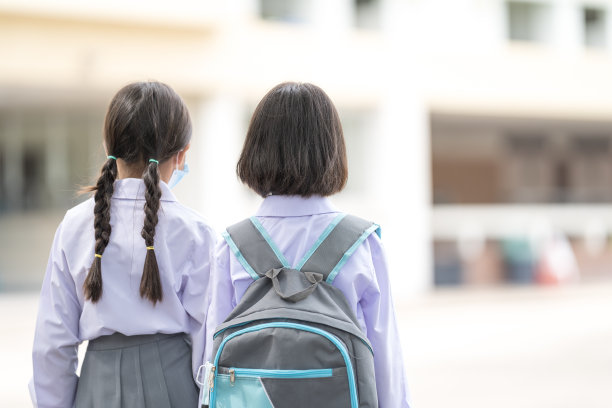 孩子们的后视镜学生朋友手牵手回学校。回到学校概念库存照片图片下载