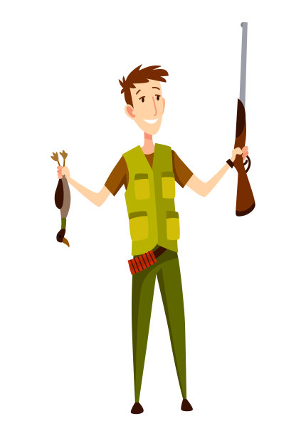 带有步枪和鸭子的猎人角色。卡通风格的迷彩持枪男子。人类带着武器狩猎图片下载
