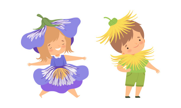 可爱的小孩子穿着花服装向量集图片下载