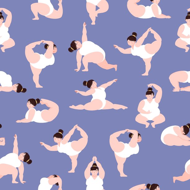 无缝模式与女生做运动，瑜伽，健身。身体正面,自爱。矢量插图的织物，打印，衣服，包装纸，墙纸。图片下载