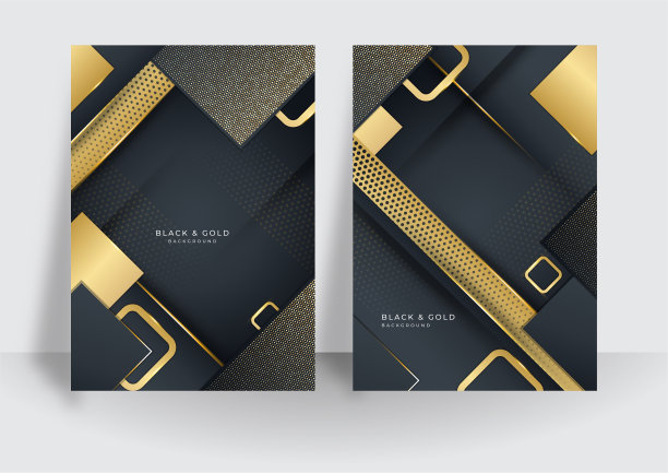 现代豪华premium黑金背景封面设计模板。黑色金色优雅的背景重叠维度抽象几何现代。适合商业和公司图片下载