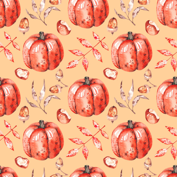 金色水彩图案南瓜栗子橡子和叶子图片下载