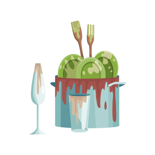 脏盘子，盘子，杯子，平底锅，还有油渍。一叠脏的厨房用具和餐具向量平面设置为网页设计。家居和厨房用具的概念图片下载