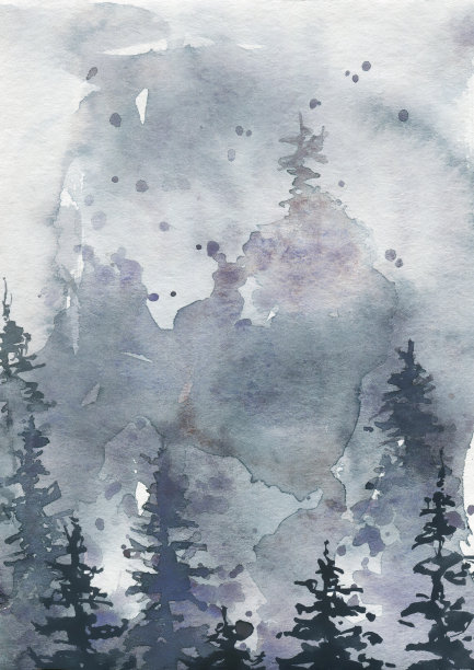 灰色雾林。水彩手绘插图在白色的背景。水彩绘画。图片下载