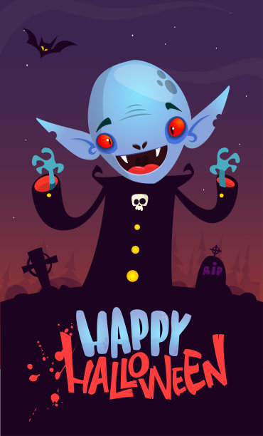 吸血鬼卡通人物夜间墓园背景。万圣节插图有趣的生物。包装、海报或欢迎邀请设计。向量图片下载