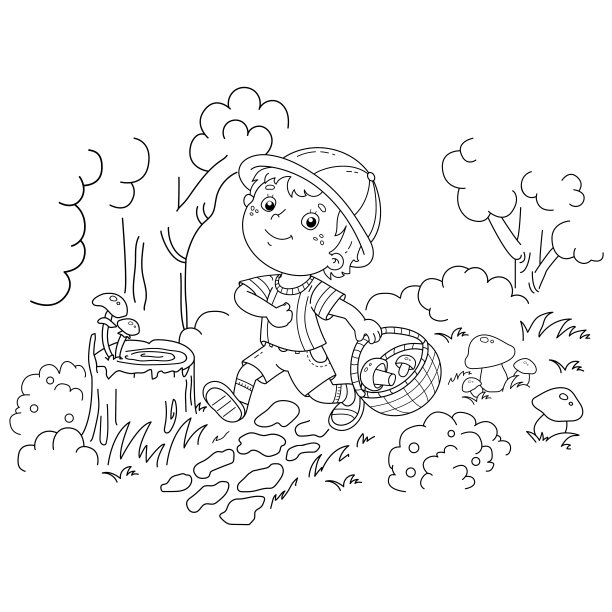 卡通小男孩带着篮子在森林里放蘑菇。儿童涂色本。图片下载