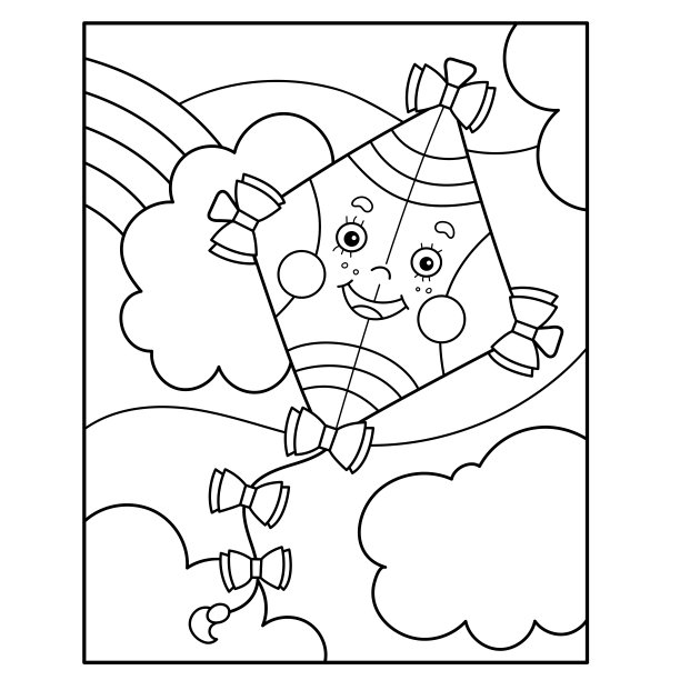 涂色画页的卡通轮廓欢快地放风筝高高在上。夏天明亮的玩具。儿童涂色本。图片下载