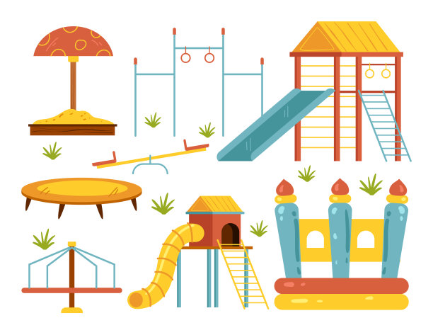 儿童游乐场孤立的设计元素集合。矢量卡通手绘插图图片下载