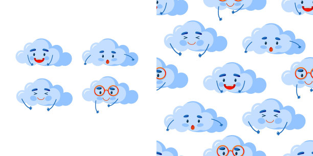 可爱的彩云笑脸无缝图案，白色重复矢量插图。图片下载