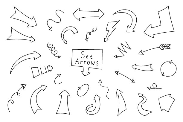 箭头设置在卡通风格，矢量插图。收集箭头手绘。方向标志孤立的涂鸦轮廓上的白色背景。简单的元素为装饰规划师，日志和笔记本图片下载