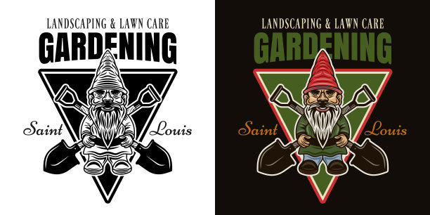 园艺，景观和草坪护理向量复古徽章，徽章，标签或标志与站立侏儒雕像和交叉铲子在两种风格黑色的白色和彩色的黑色背景图片下载