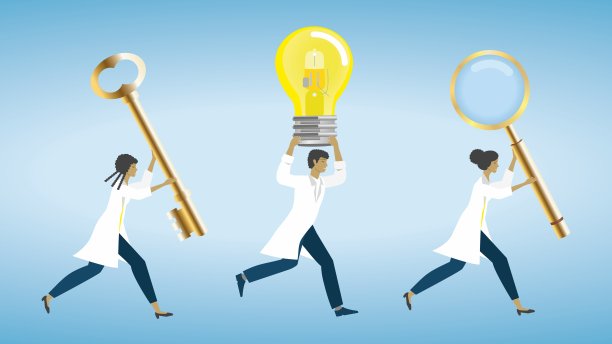 研究或医疗中的跑步和搜索方案、基础或支持矢量插图图片下载